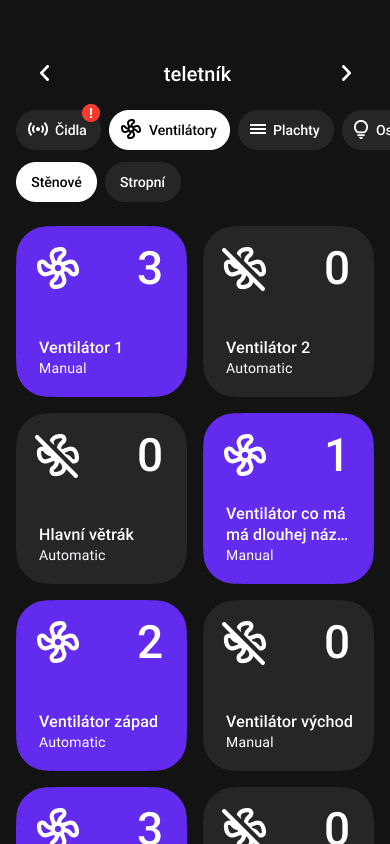 Provozní aplikace pro stáje – ovládání ventilátorů v ručním a automatickém režimu