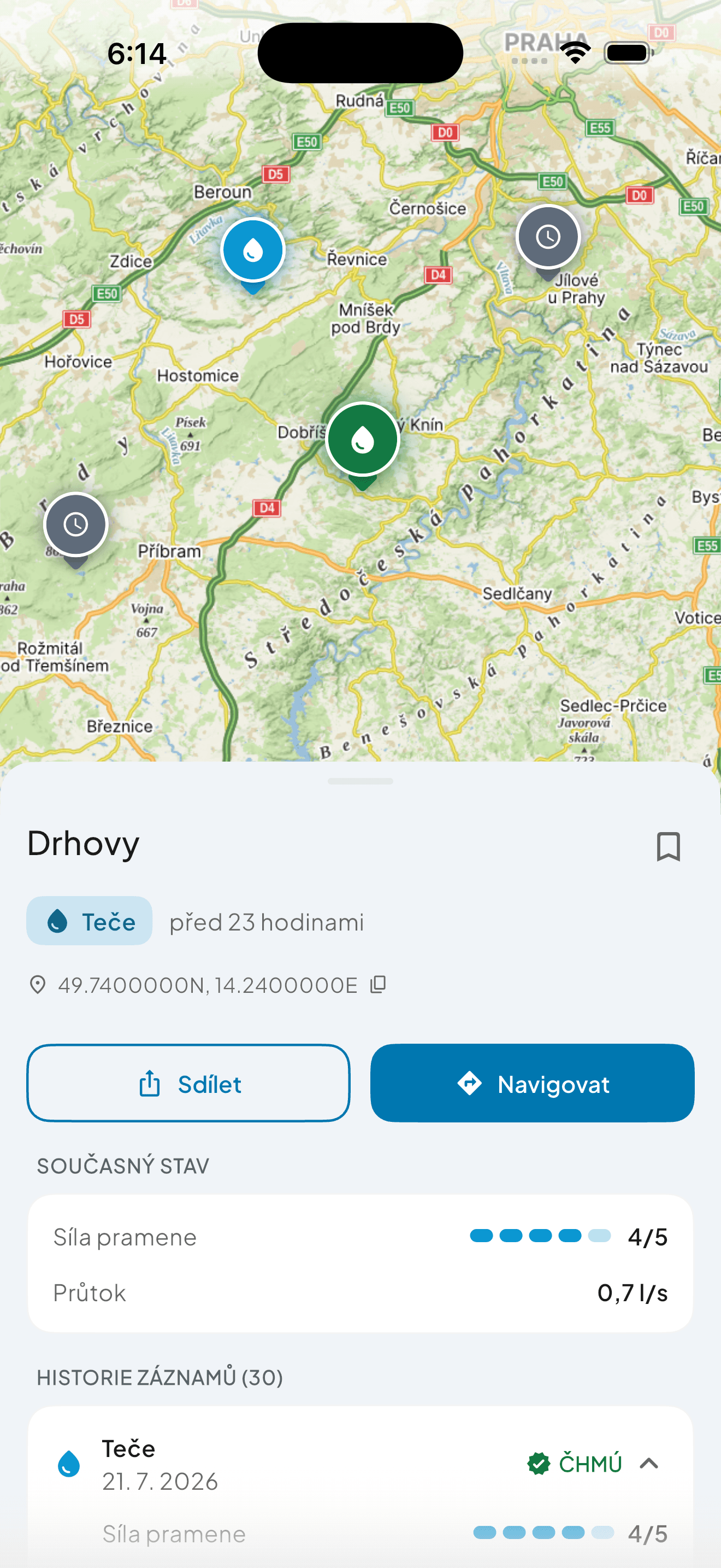 Mapová aplikace – detail místa s aktuálním stavem a historií hlášení